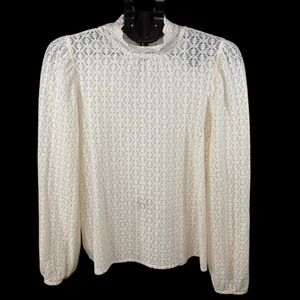 LOFT Women Ivory Floral Lace Mock Neck Long Sleeve Top Size M FA24 764252